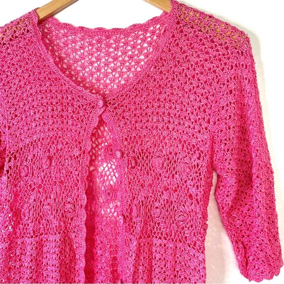 Knit Pink Cardigan Crochet Short Sleeve - Picture 5 of 8